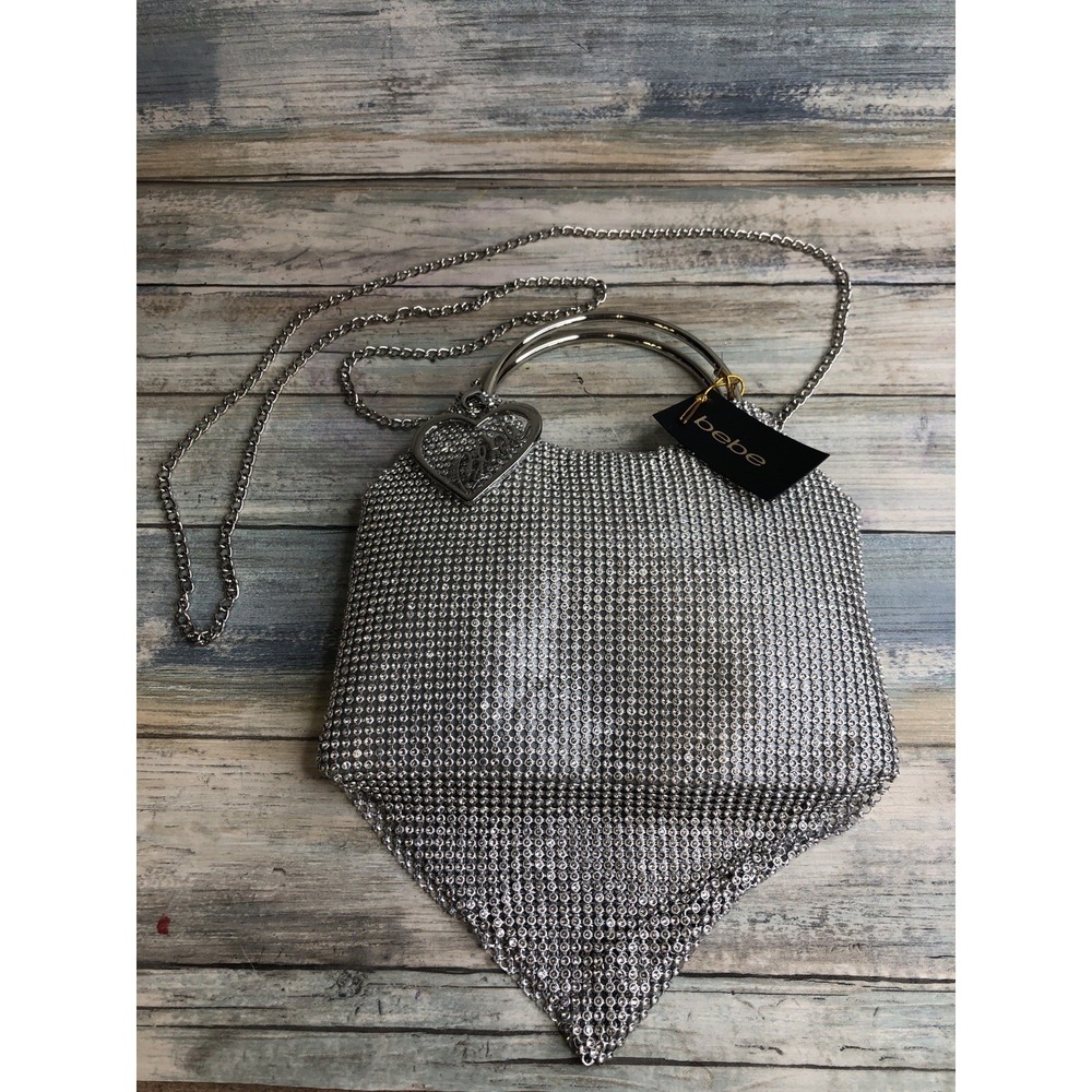 bebe Alabama Metal Handle Crossbody Bag NWT Mesh Rhinestones MSRP $99 Silver